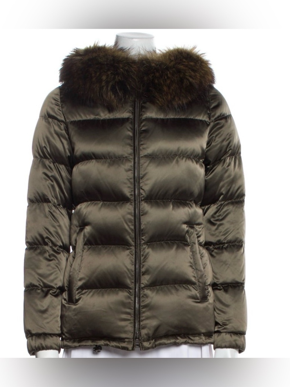 Prada sport Olive Green Puffer down Jacket coat with Raccon fur  Trim